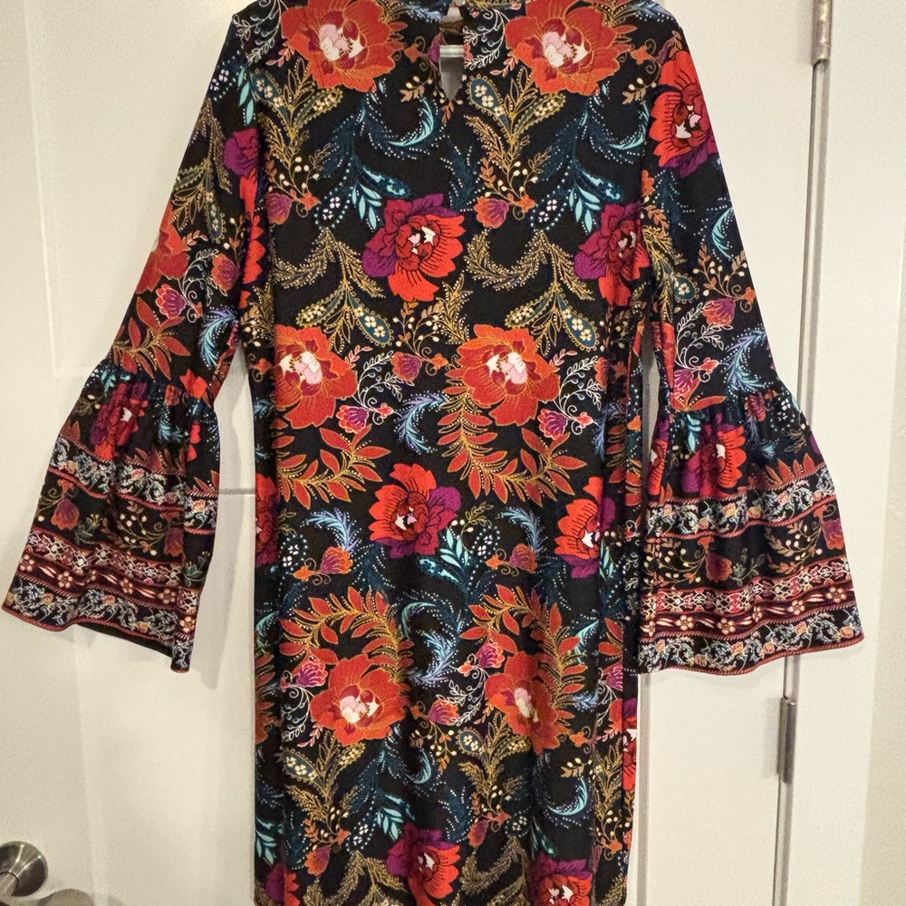 WRANGLER RETRO DRESS SHIFT SIZE MEDIUM 
70s FLAIR SLEEVE ORANGE BLACK W/FLOWERS - Picture 3 of 11